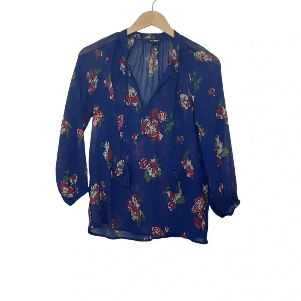 Lucky Brand Sheer Floral 3/4 Sleeve Crinkle Top XS